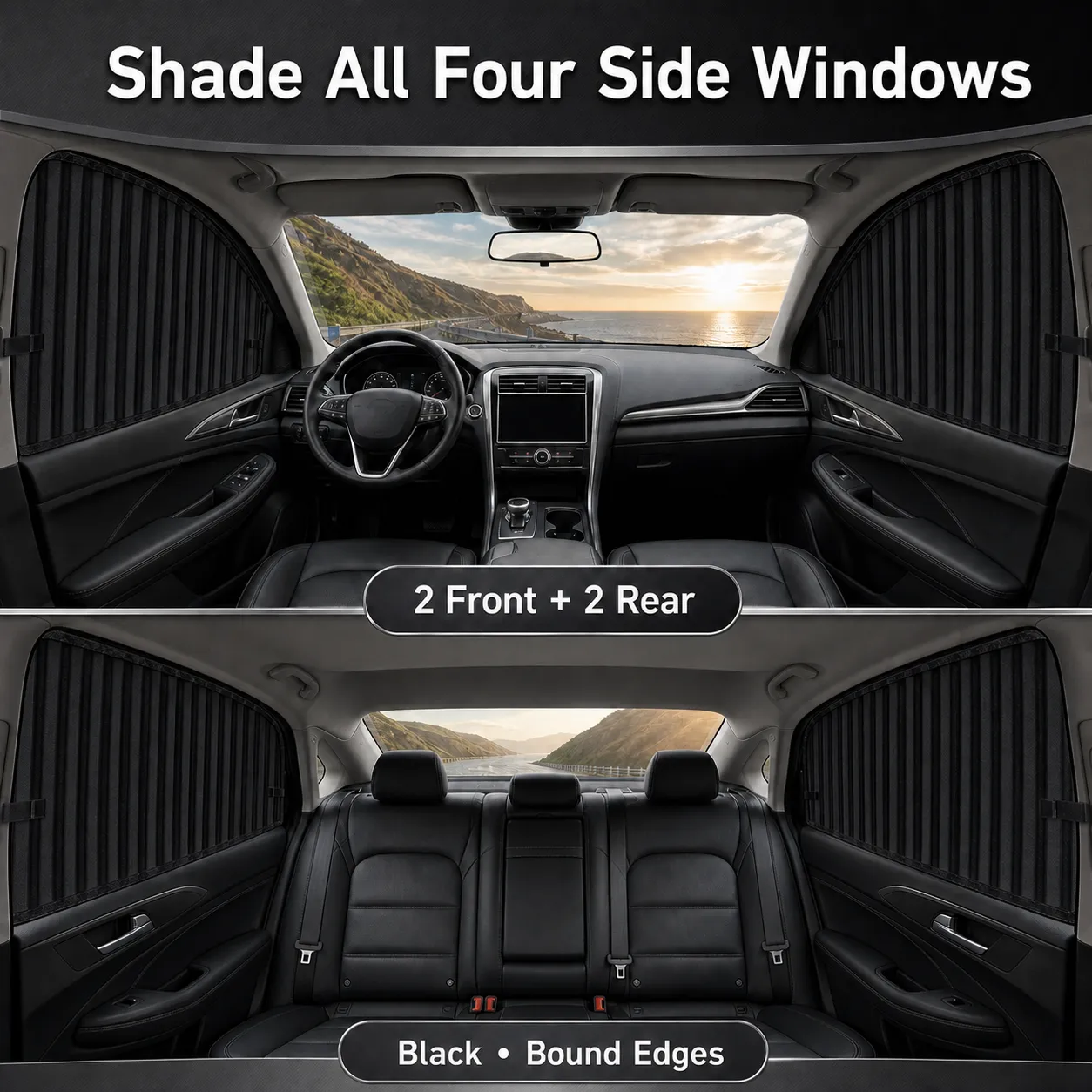 Black curtains installed across front and rear side windows