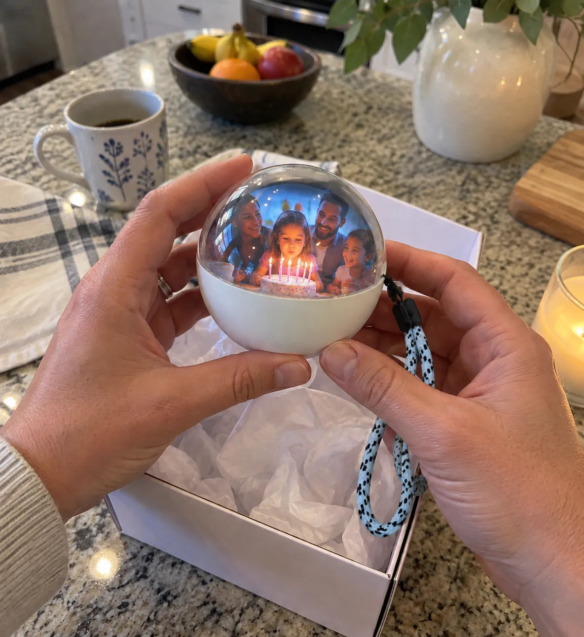 Hands opening a video keepsake orb gift on a kitchen island