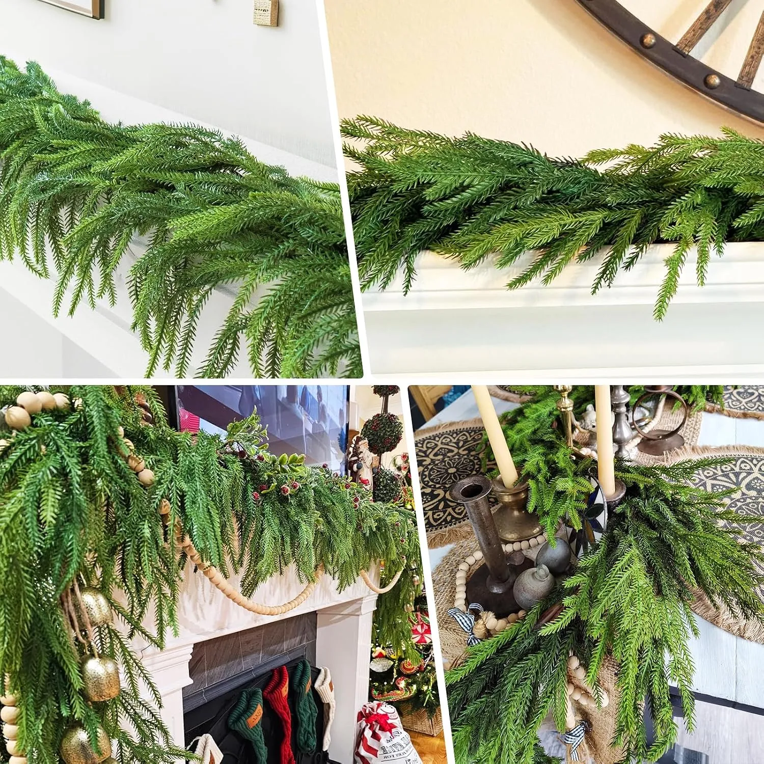 Artificial pine garland styled across several home surfaces