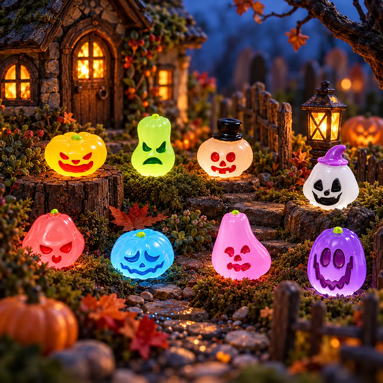 Mini glow figures in a Halloween fairy garden