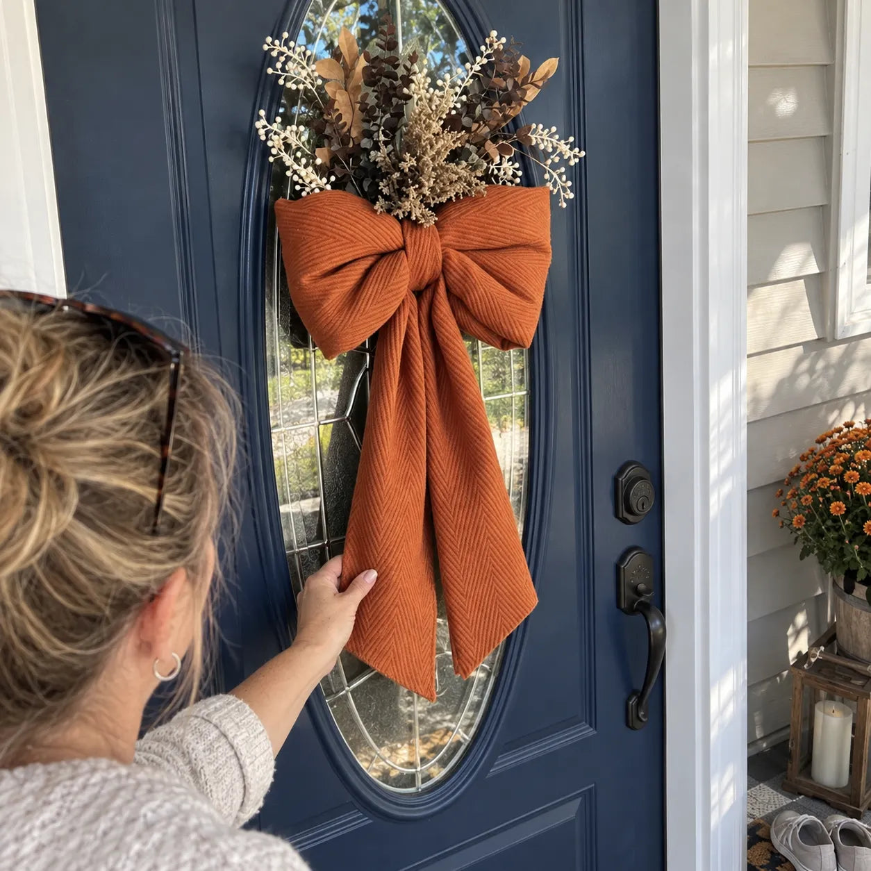 Harvest bow being adjusted on a blue front door; foliage shown is styling only