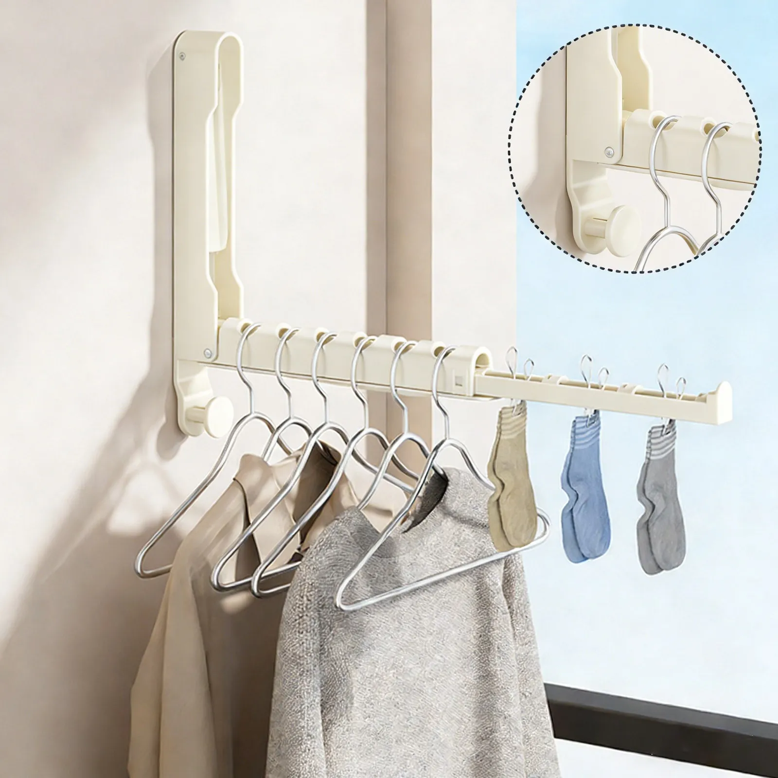 Cream white foldable rack in a bright home