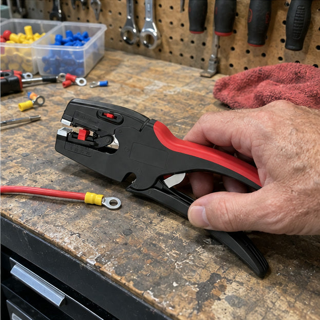 Wire stripper beside a finished terminal connection on a garage bench