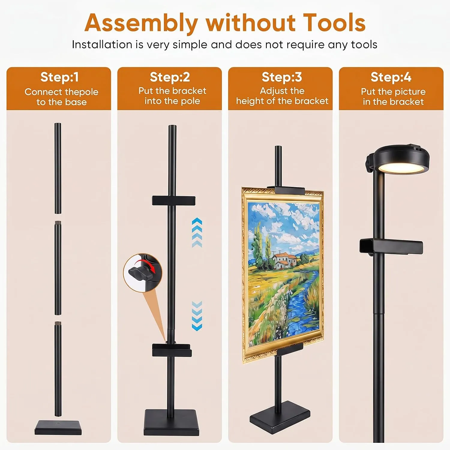 Tool-free assembly steps for the lighted picture frame stand
