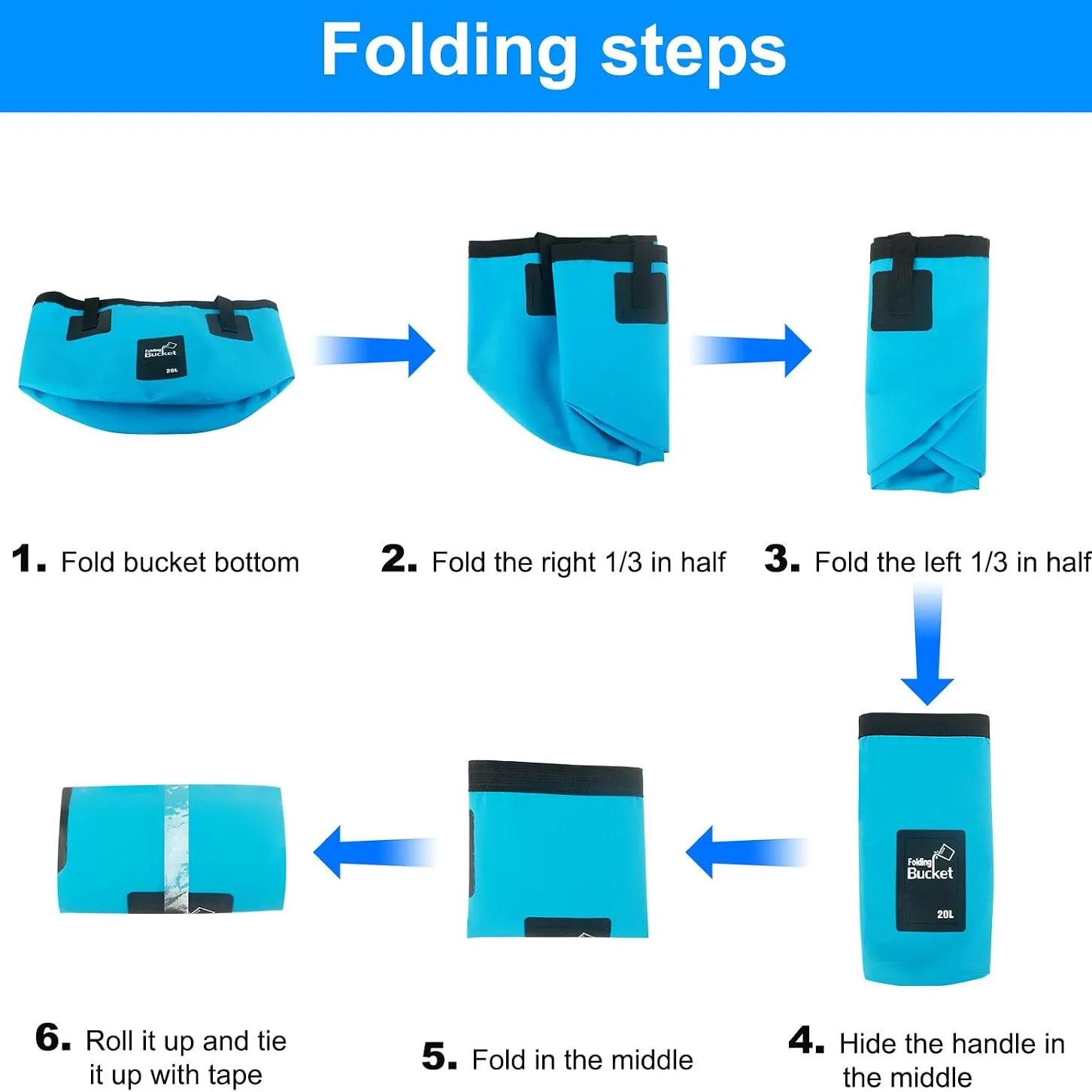 Step-by-step folding instructions for the collapsible bucket