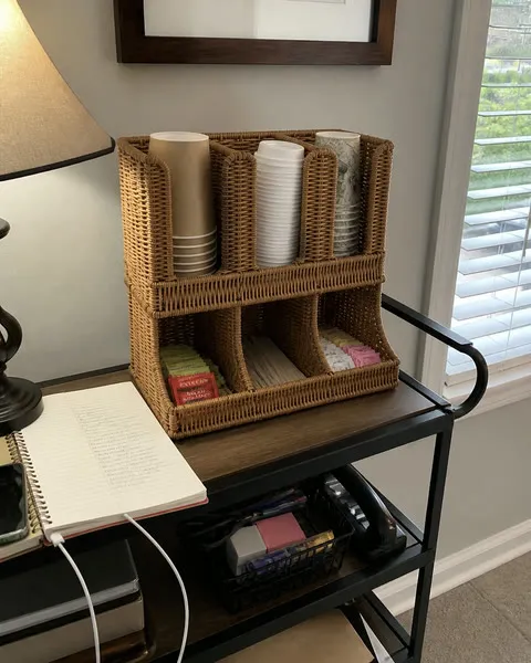 Woven organizer on a home office refreshment cart