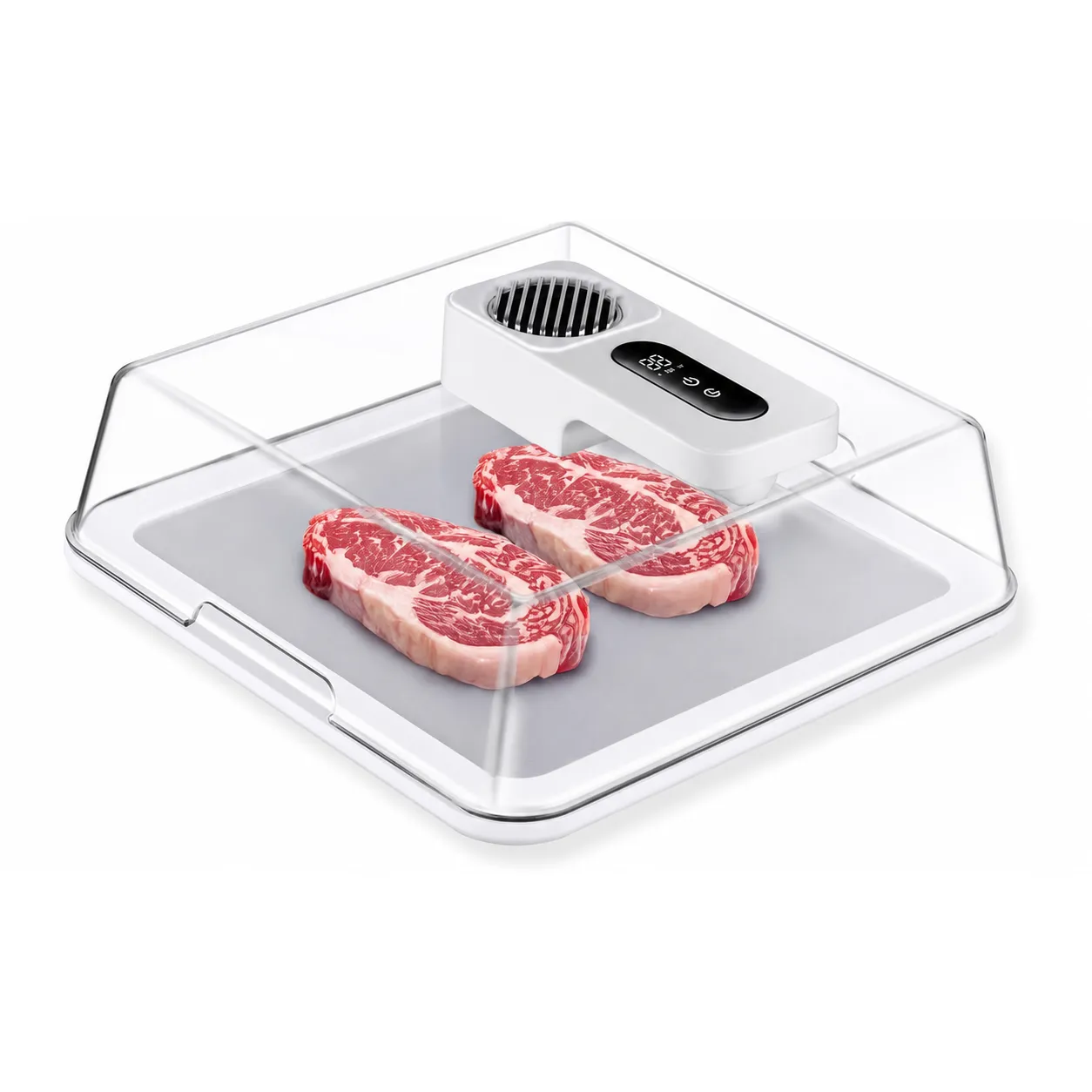 Large-capacity covered defrosting tray shown with its control module