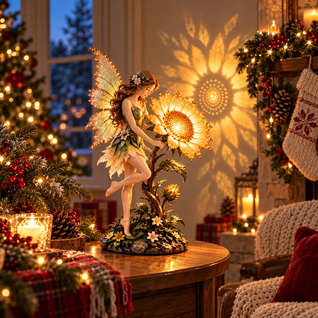 Fairy sunflower lamp in a decorated Christmas mantel nook