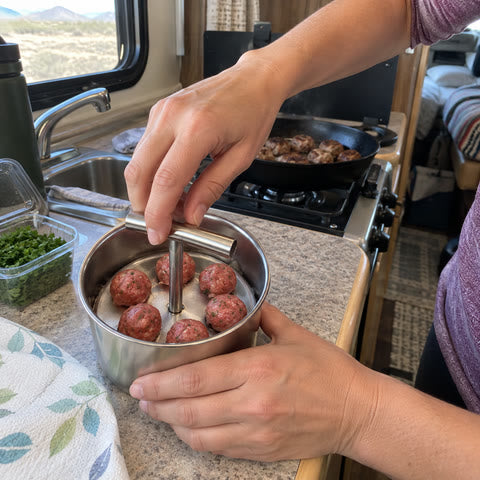 Meatball maker used in a compact RV galley