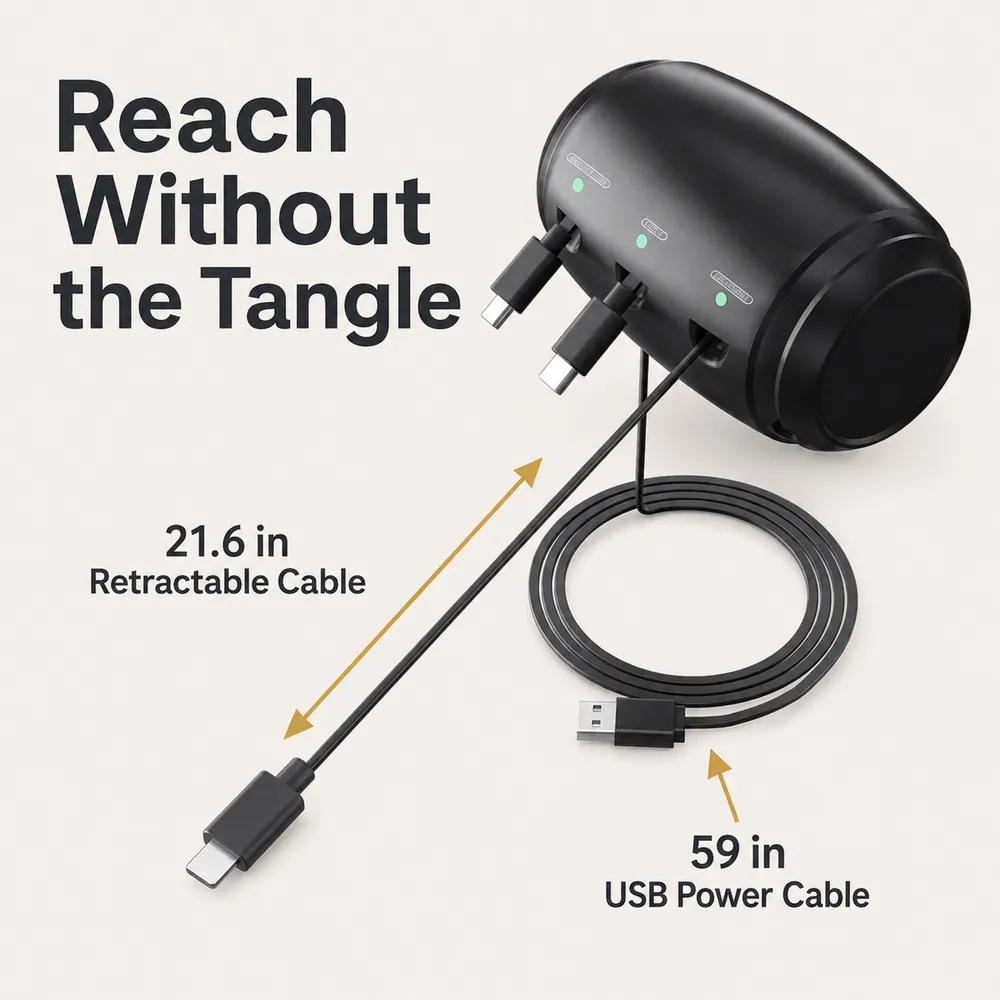 21.6 inch retractable cable and 59 inch USB power cable