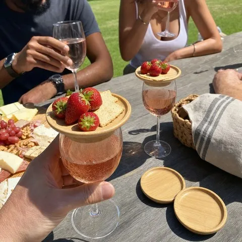 Friends using bamboo wine glass toppers at a park picnic