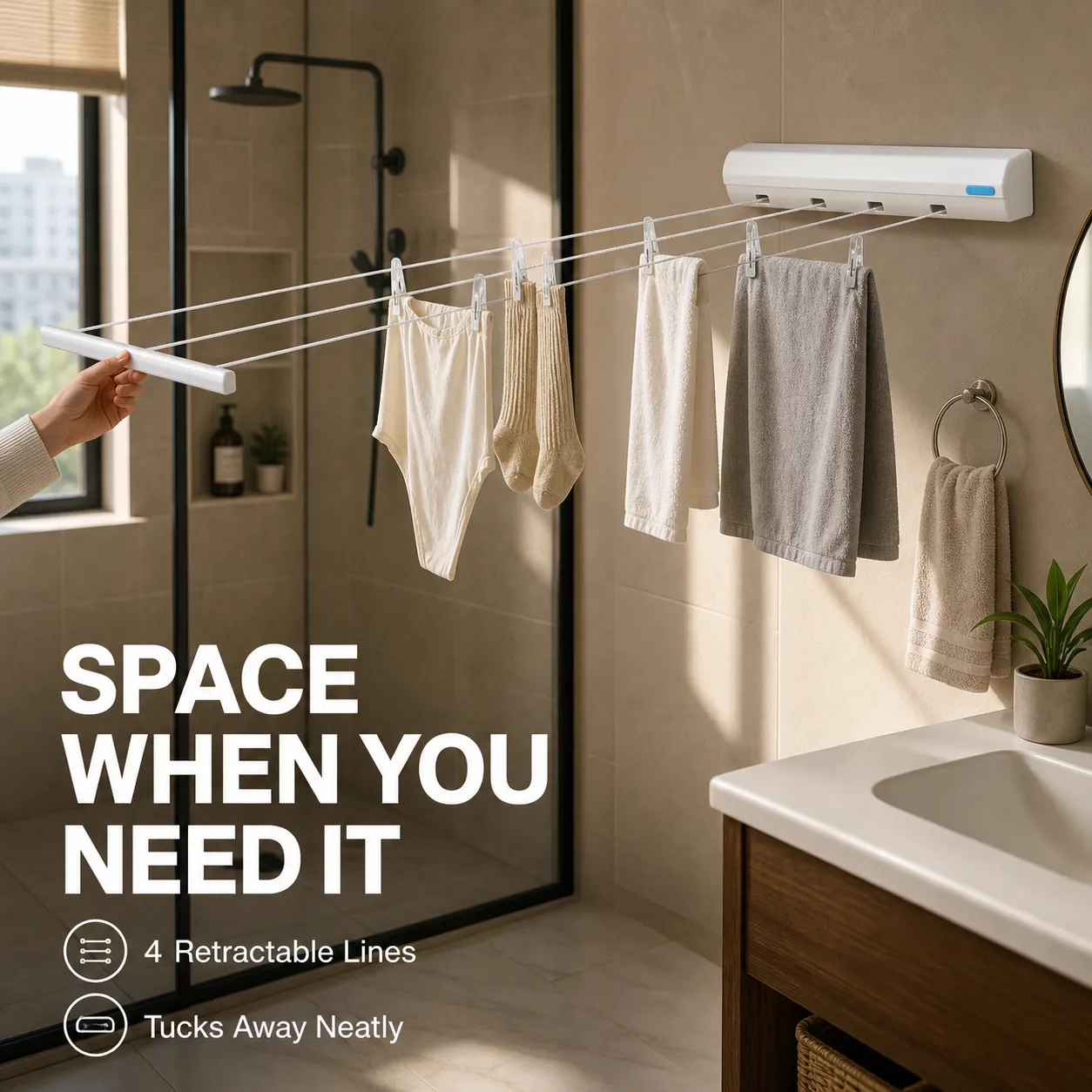 Four-line retractable clothesline in a compact bathroom