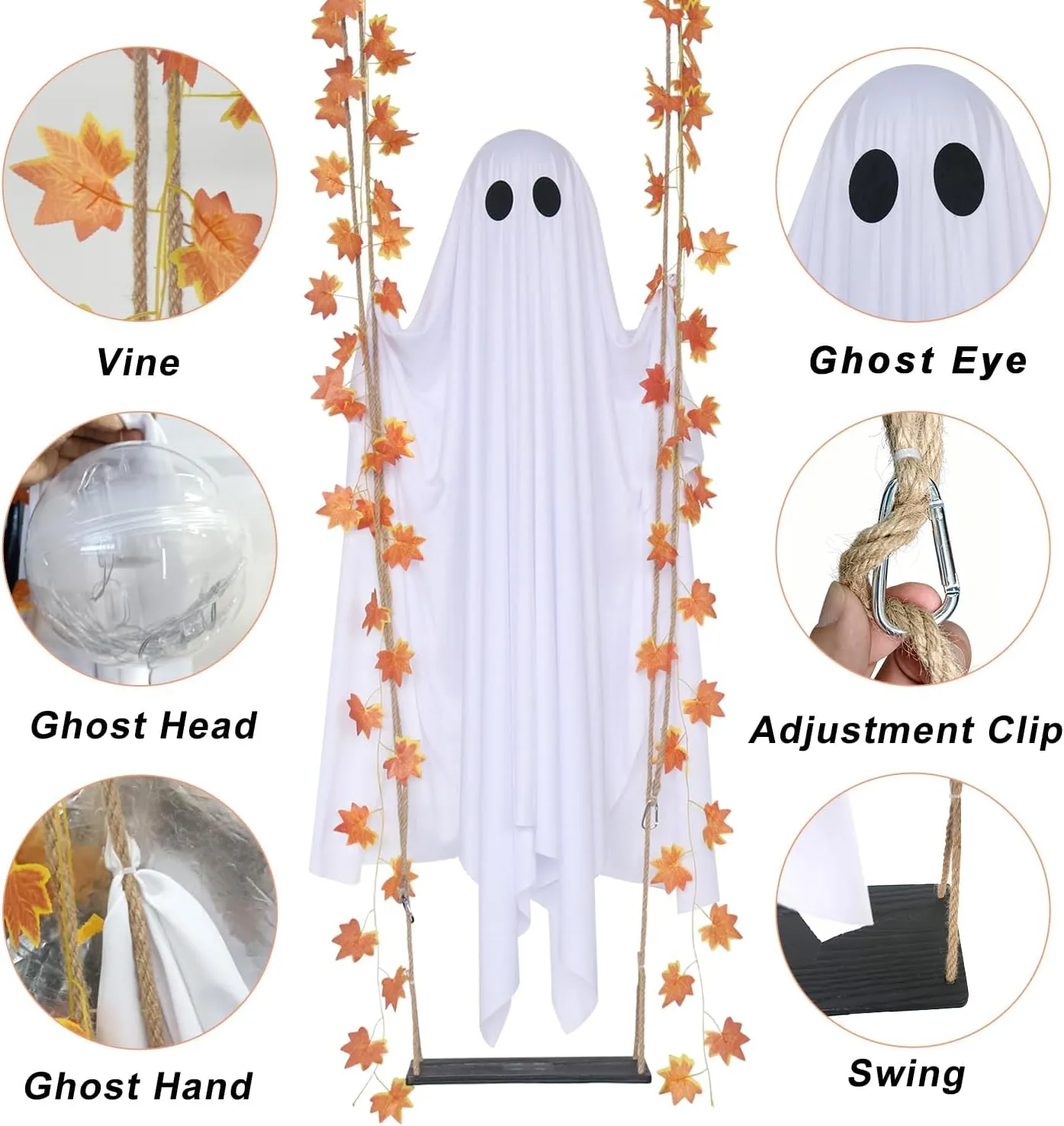 Ghost swing details including rope, maple vines, clips, fabric and swing seat