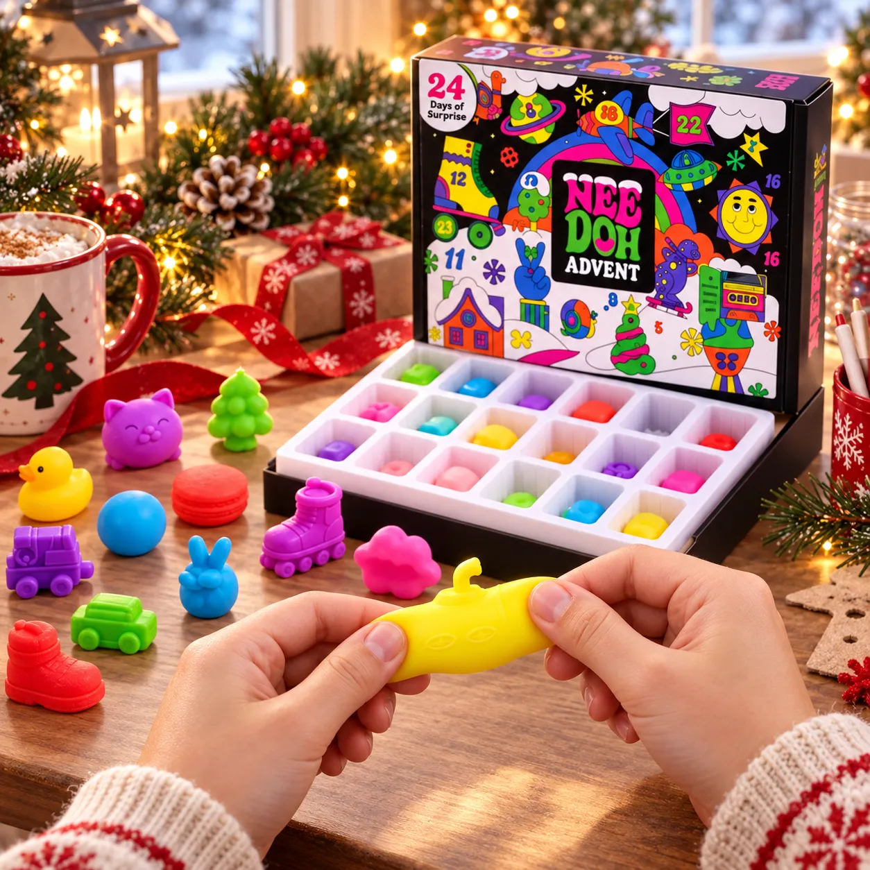 Hands squeezing a mini toy at a holiday craft table