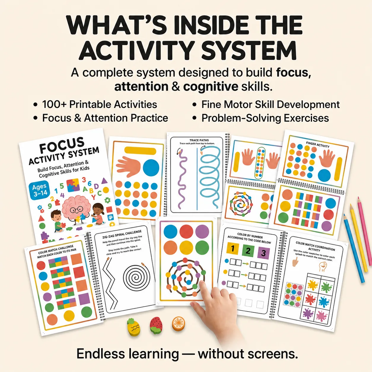 A collection of printable tracing, matching, pattern, and fine-motor activities
