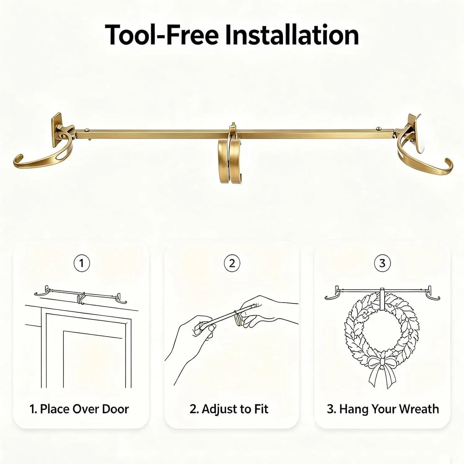 Three-step tool-free wreath hanger installation guide