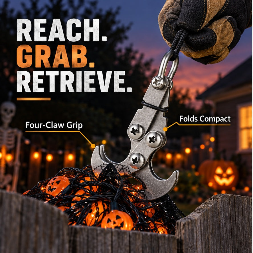 Opened folding four-claw hook retrieving lightweight Halloween decorations behind a low fence