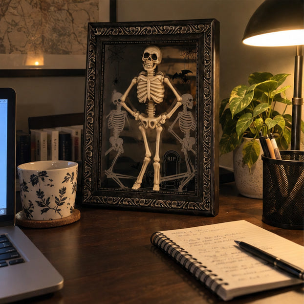 Unlit skeleton frame on a lived-in home office desk