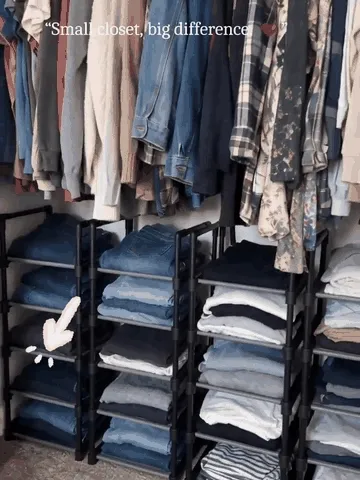 Five-tier rack being placed and loaded with folded clothes in a closet