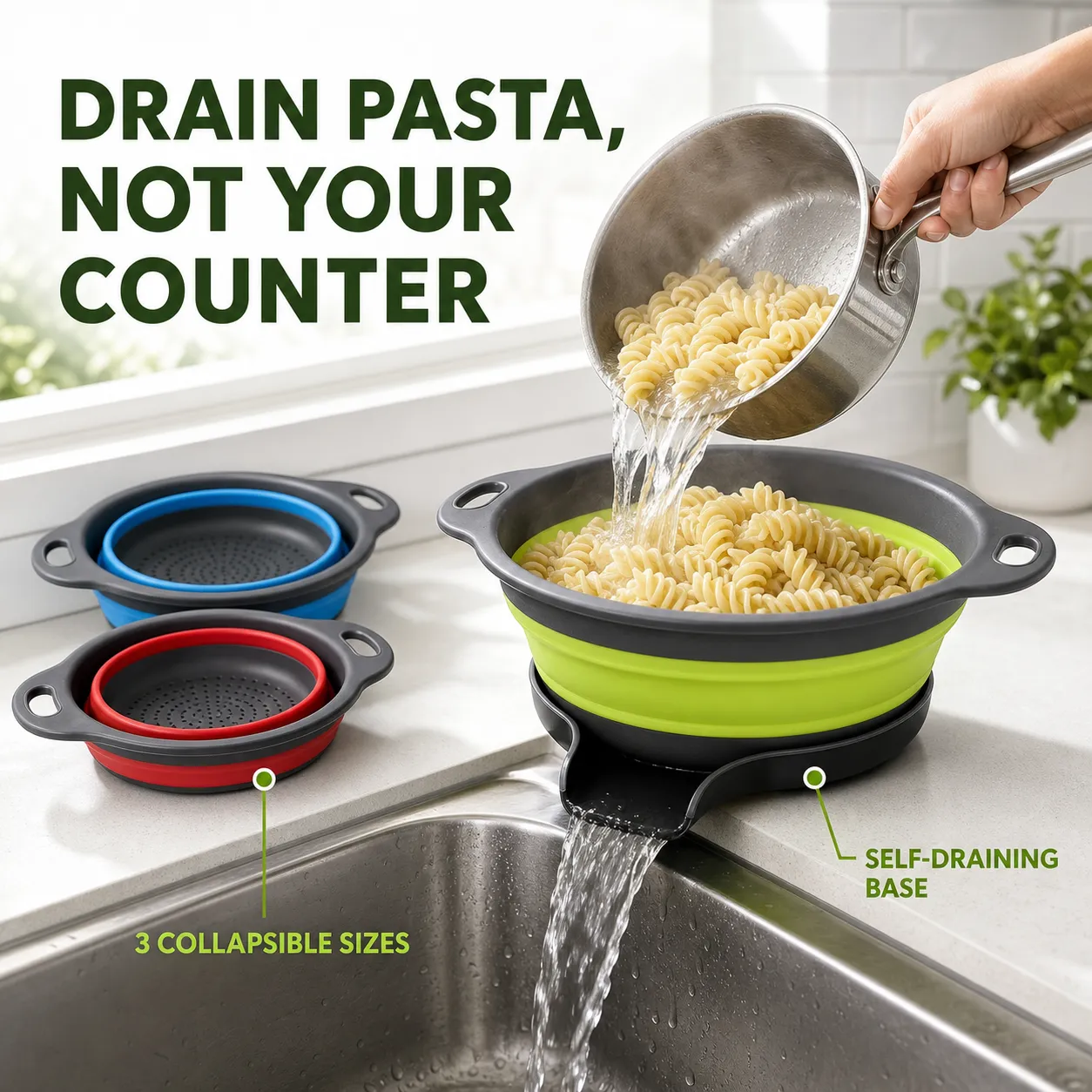 Three collapsible colanders and a self-draining base beside the sink