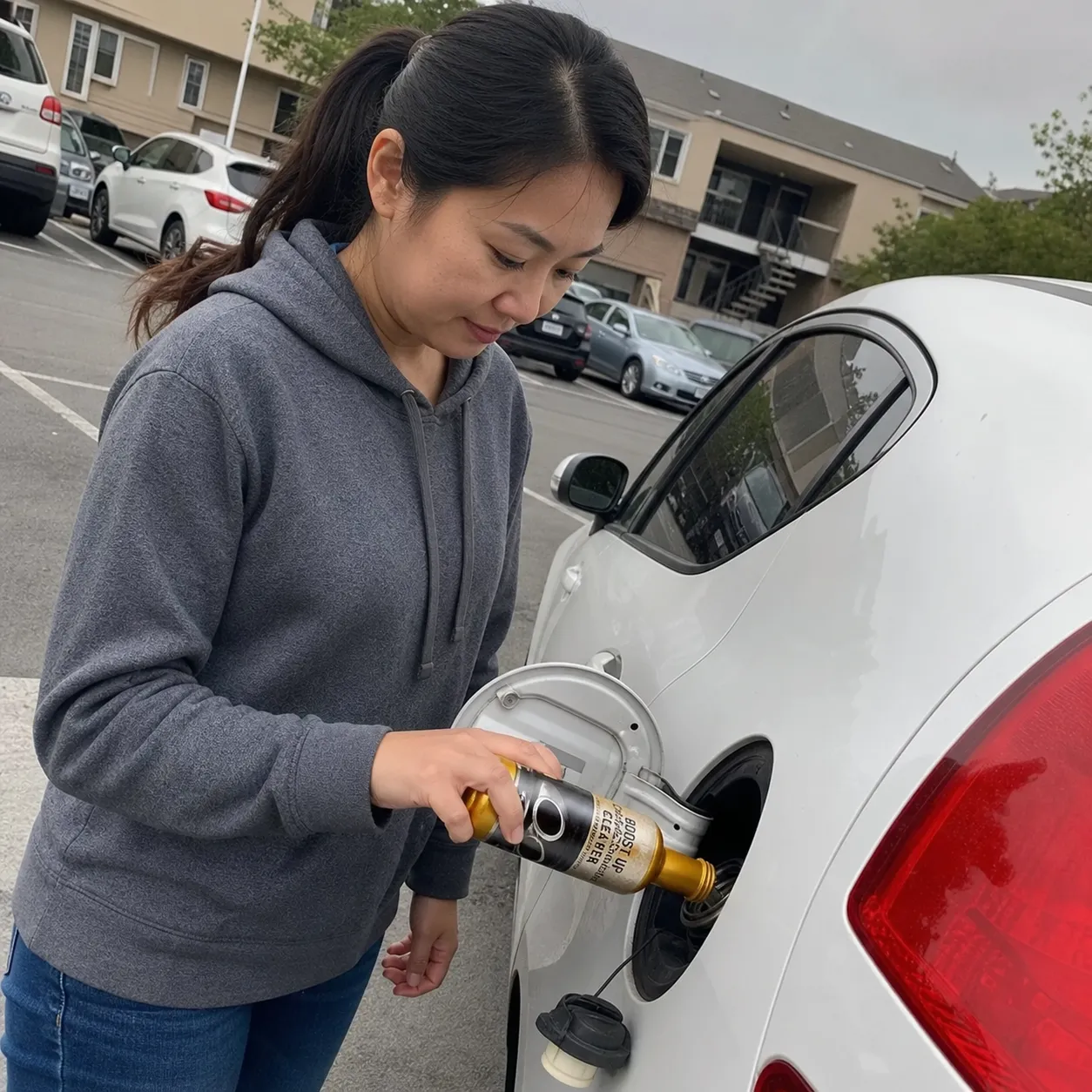 Customer adding the cleaner in an apartment parking lot