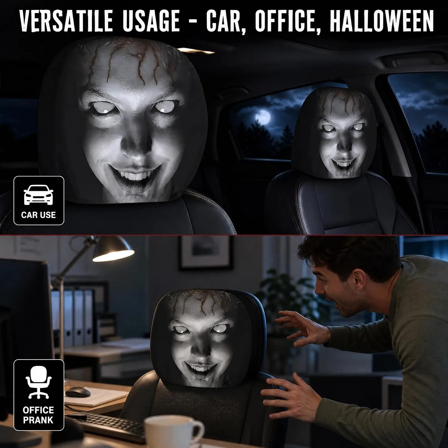 Scary headrest covers used in a car and on an office chair