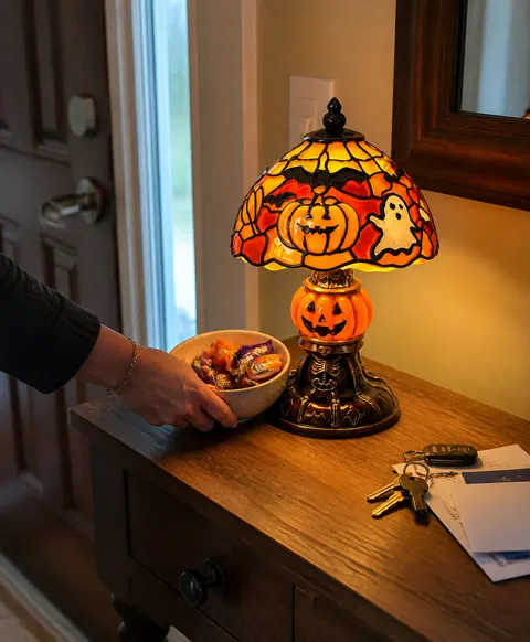 Pumpkin lamp beside a candy bowl on an entryway console