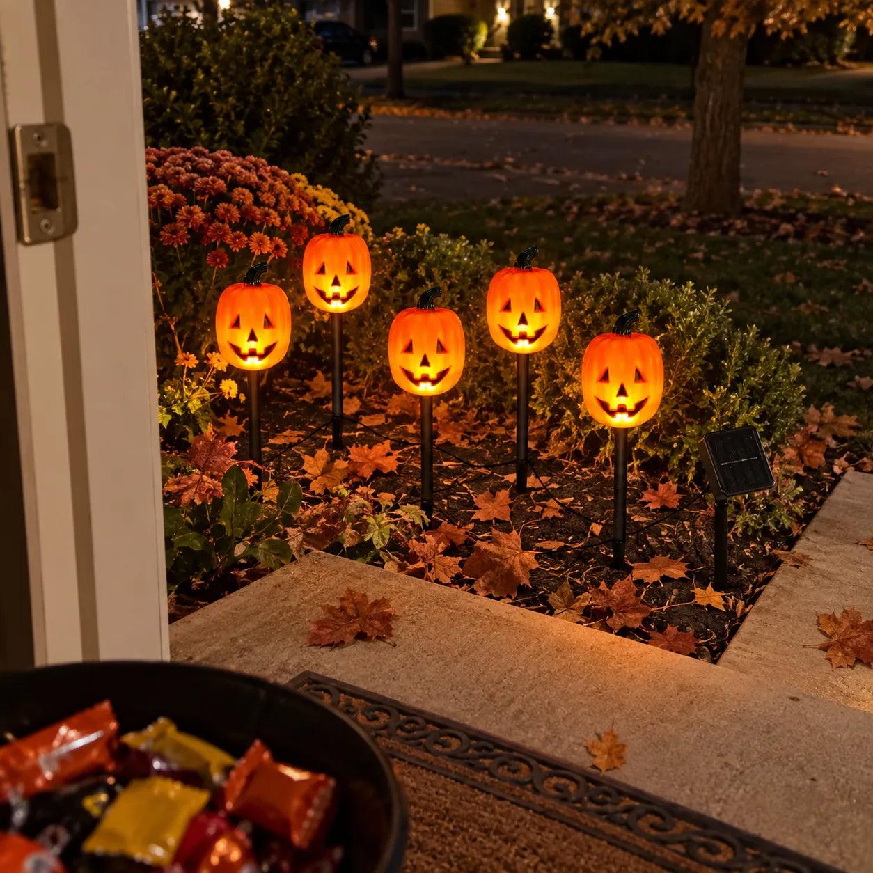 Warm view of five glowing pumpkin lights from the front porch