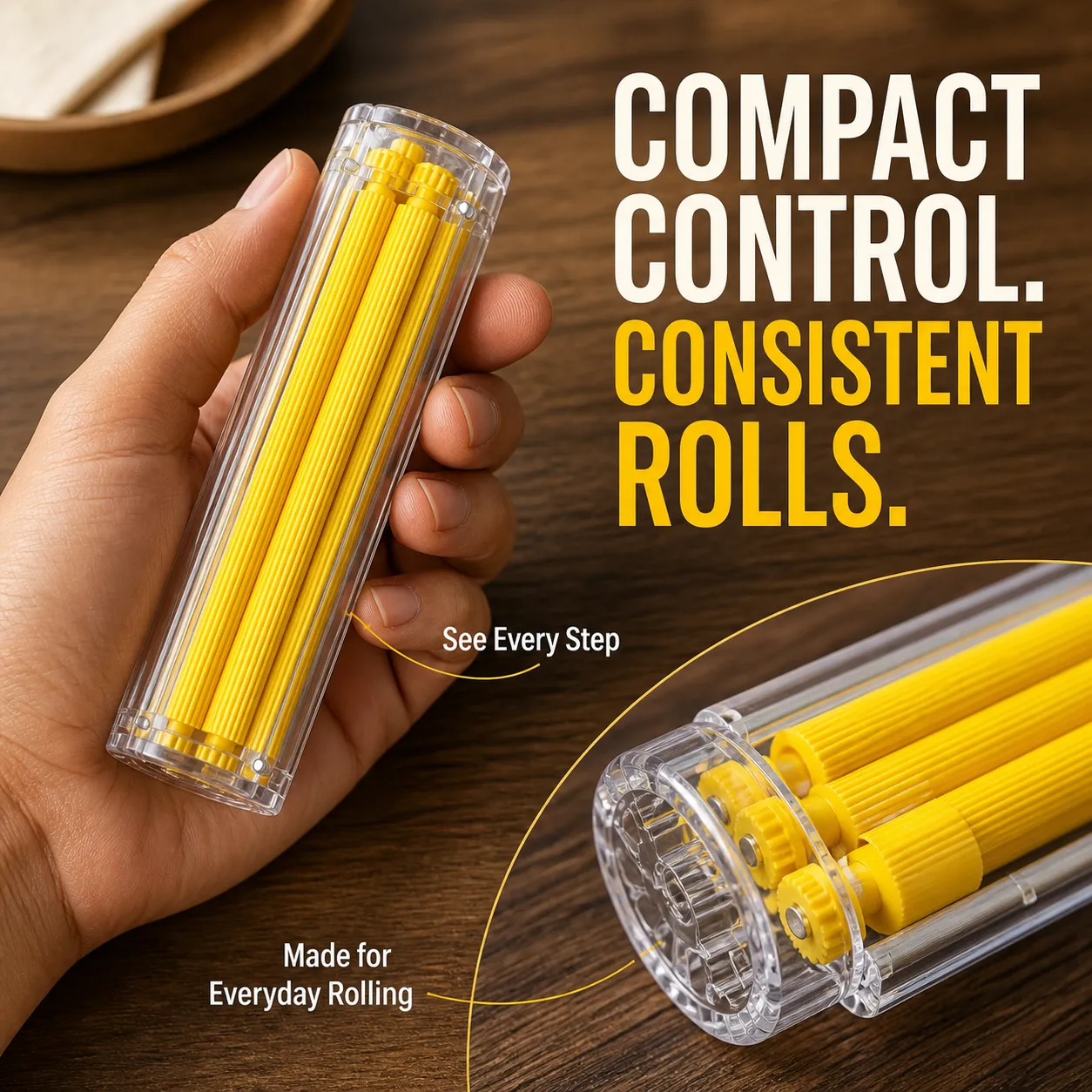 Compact yellow manual roller with clear-body detail