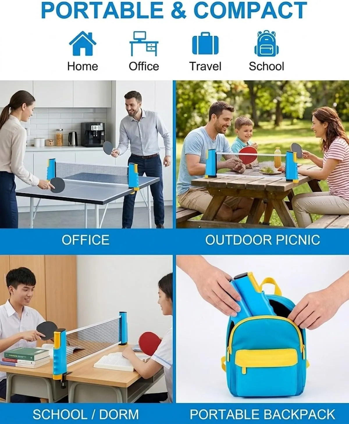 Portable net shown in home, office, school and picnic settings