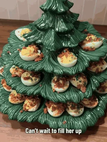 Christmas tree platter shown empty, being filled, and ready to serve