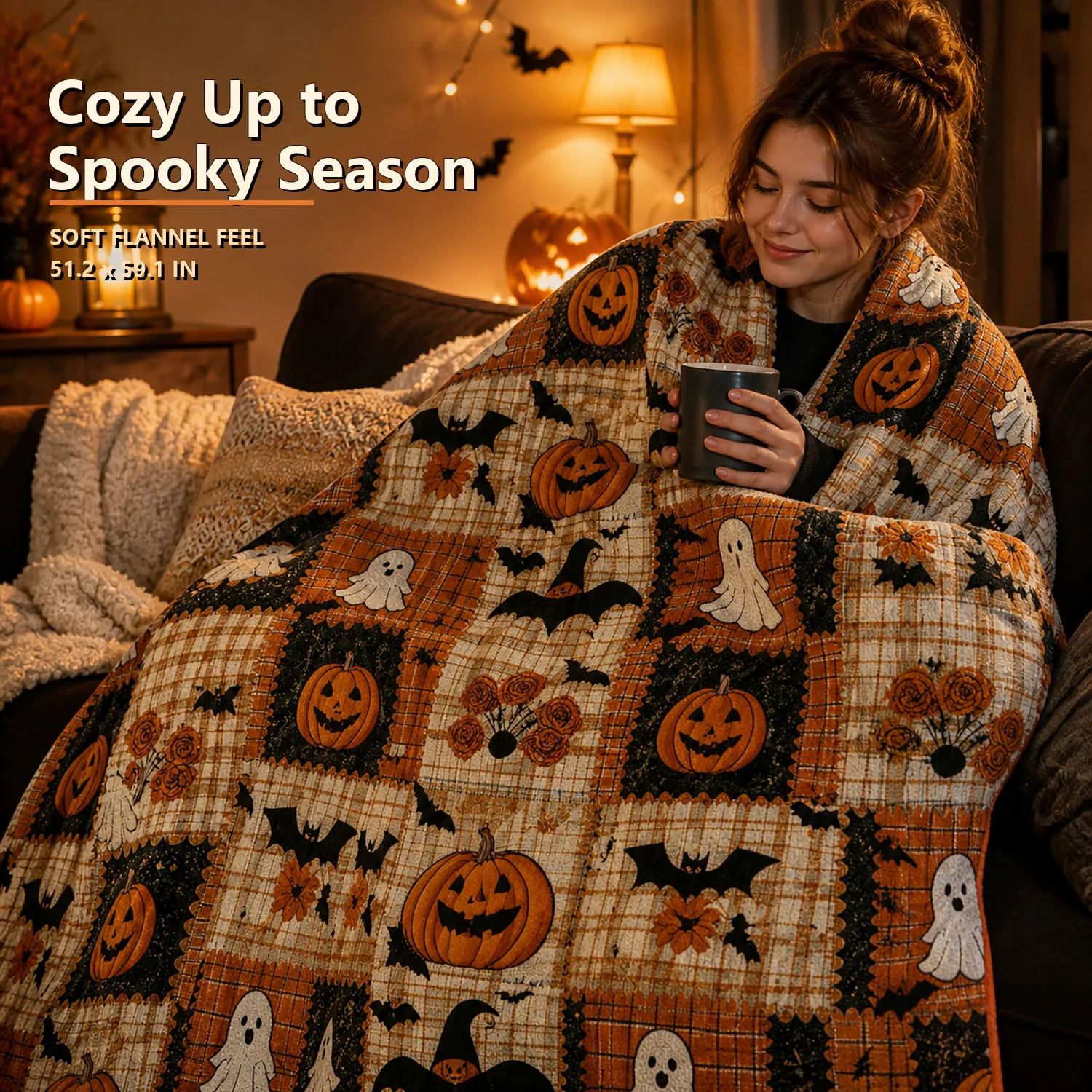 Woman enjoying a patchwork Halloween flannel throw on a sofa