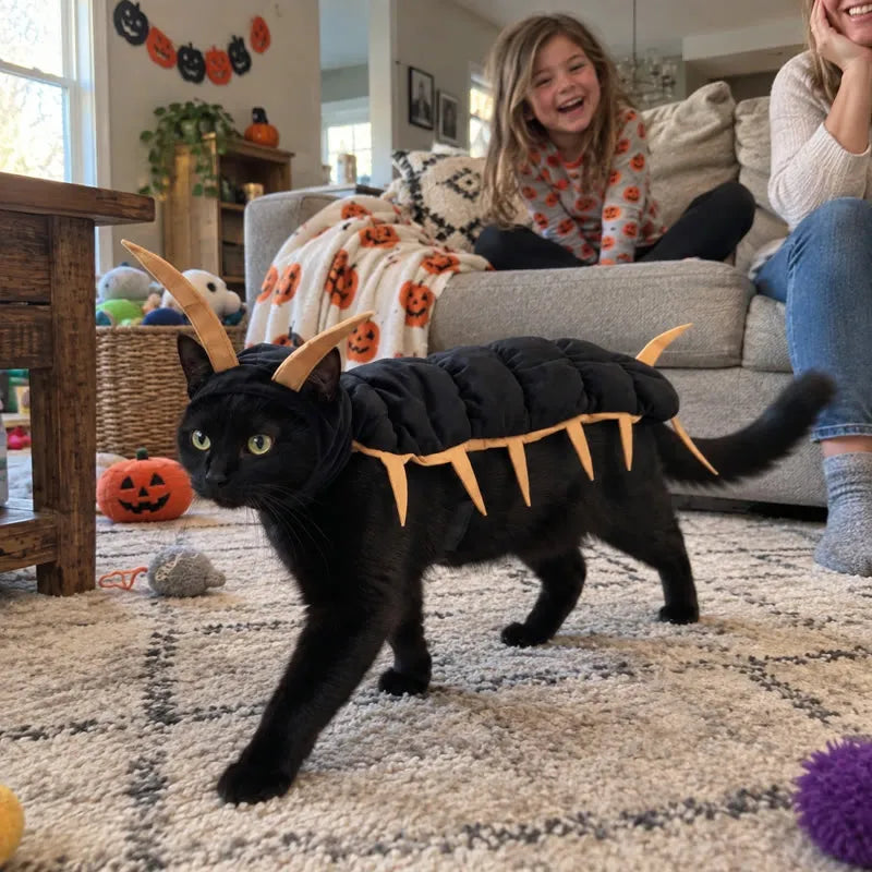 Family laughing as a black cat walks in the gold-trim costume