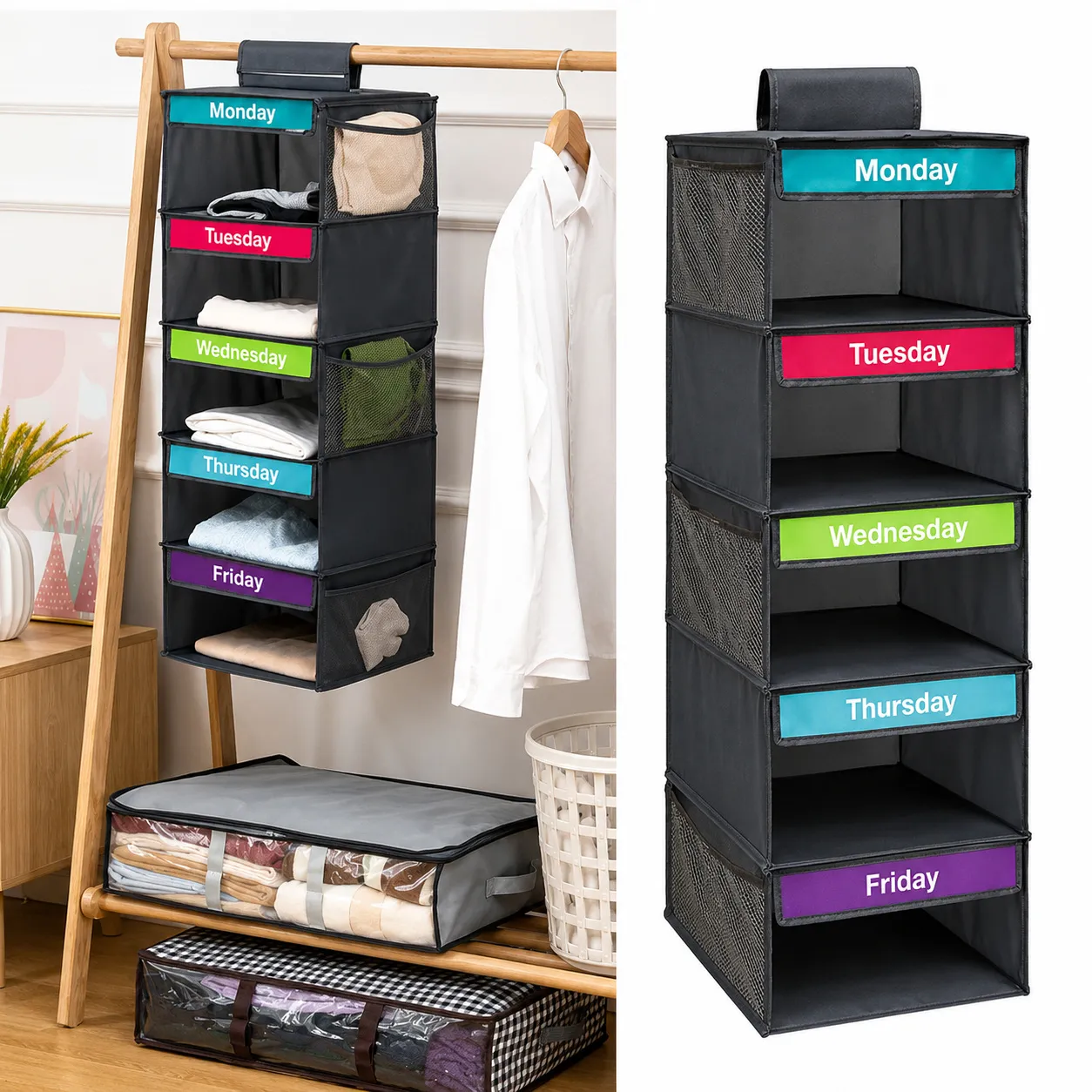 Black five-day organizer hanging beside shirts in a bedroom closet