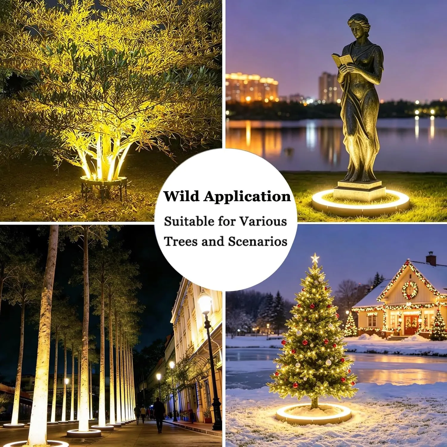 Tree ring lights used in multiple outdoor landscape settings