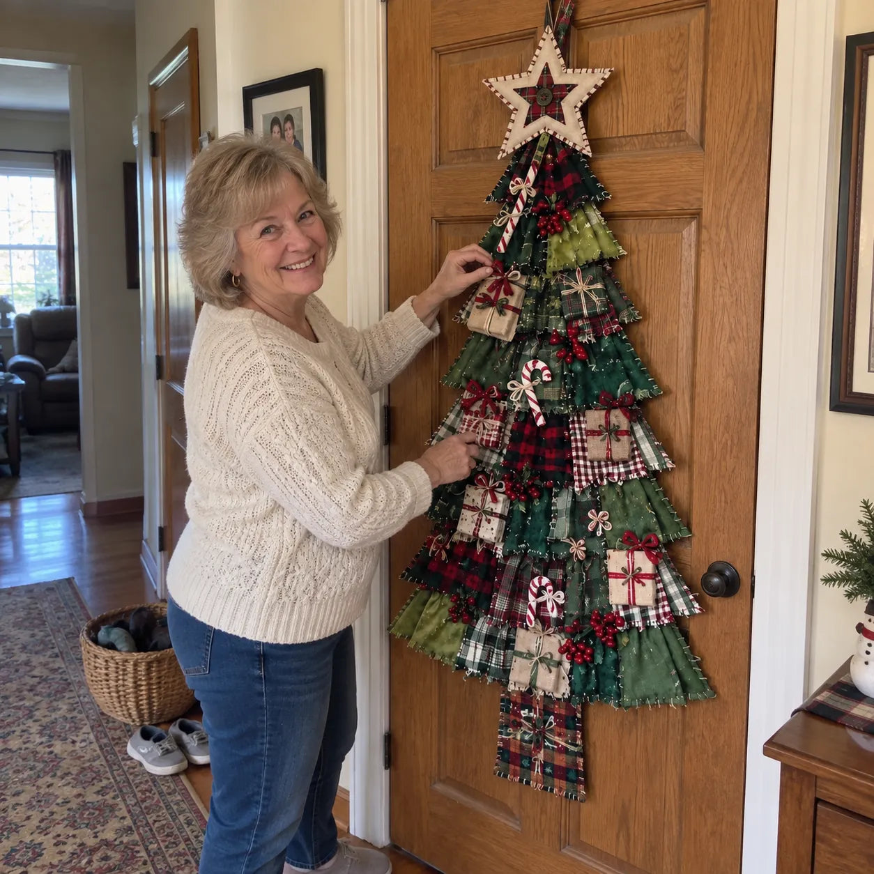 Completed patchwork tree hanging on an interior door