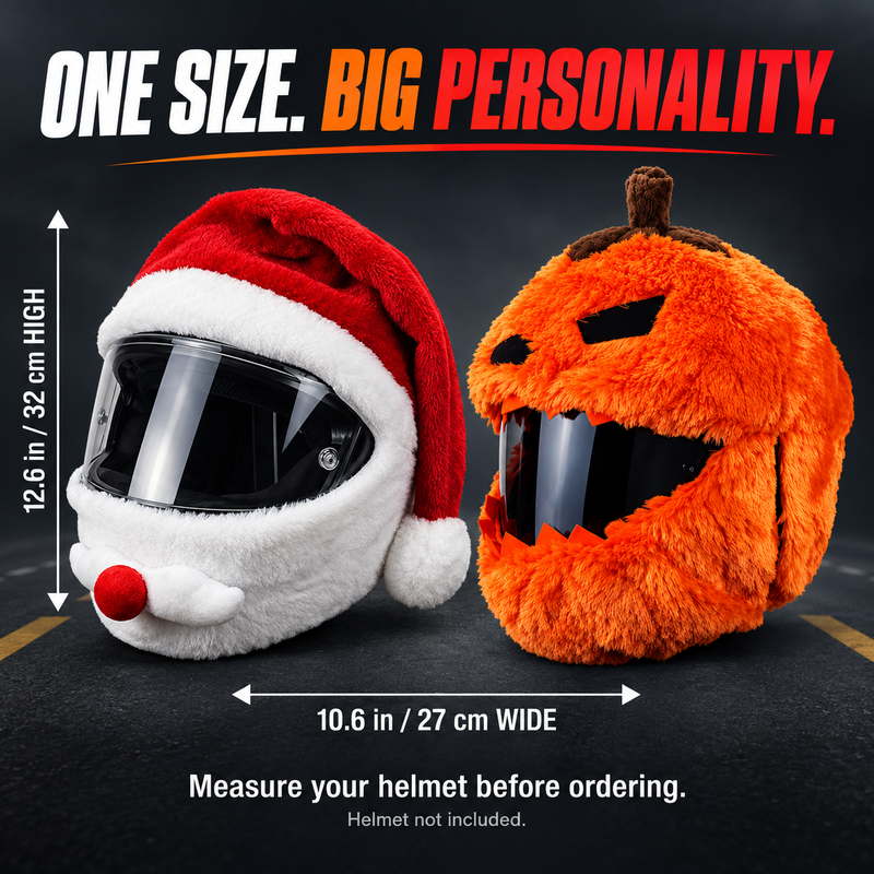 Motorcycle helmet cover size guide showing 12.6 inches high and 10.6 inches wide
