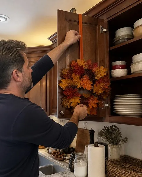 Man arranging a maple leaf wreath on a dark kitchen cabinet
