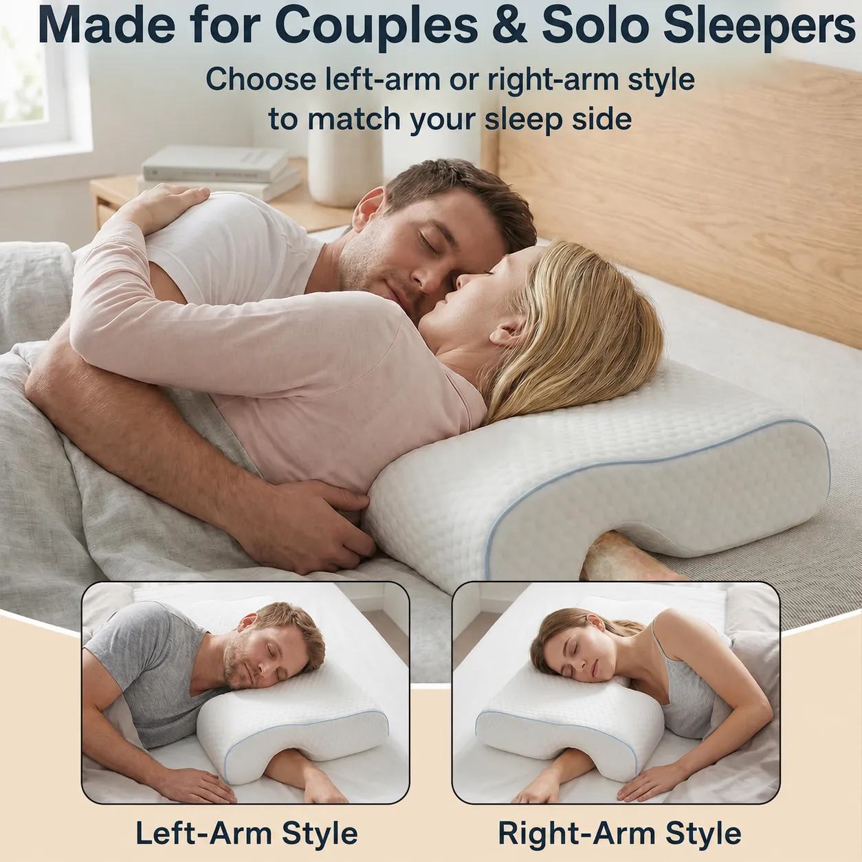 Left-arm and right-arm pillow styles for different sleeping positions