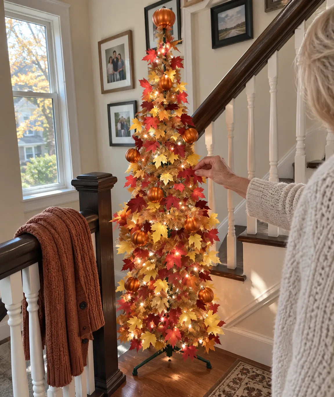 Slim fall tree arranged beside a staircase in daylight