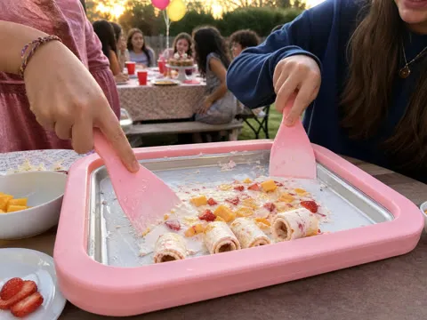 Rolled ice cream at a backyard party