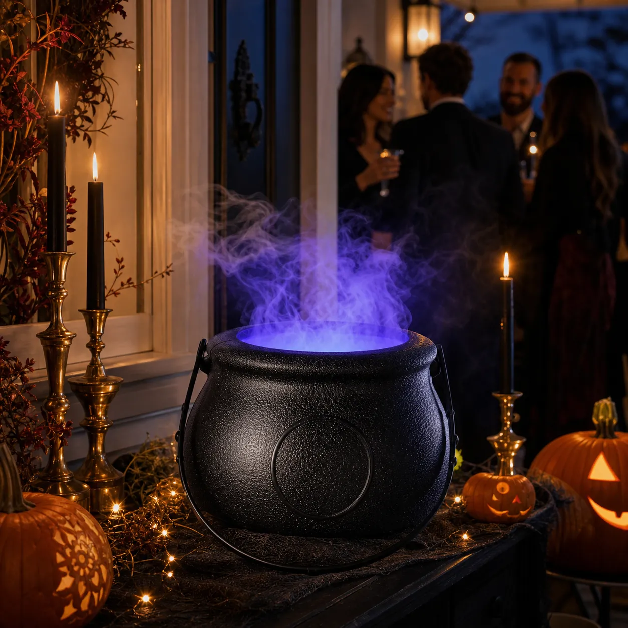 Glowing witch cauldron styled for a Halloween porch party