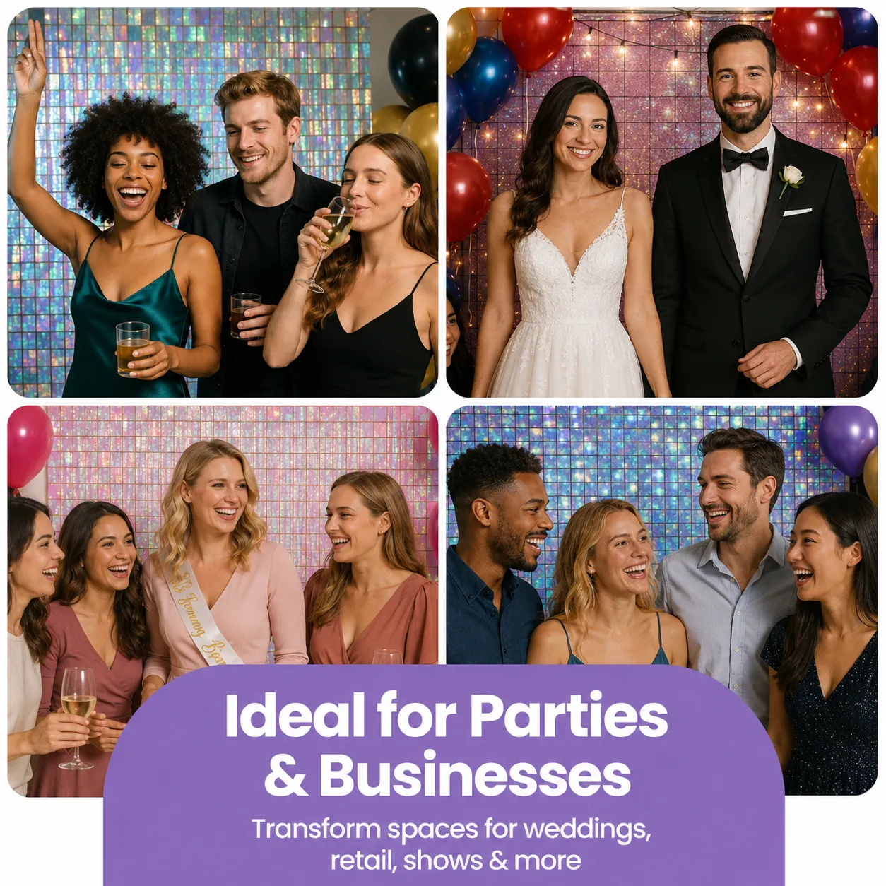 Shimmer wall backdrops used for parties, weddings and business events