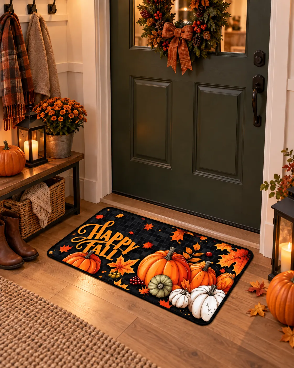 Pumpkin and fall leaf mat at a front entry