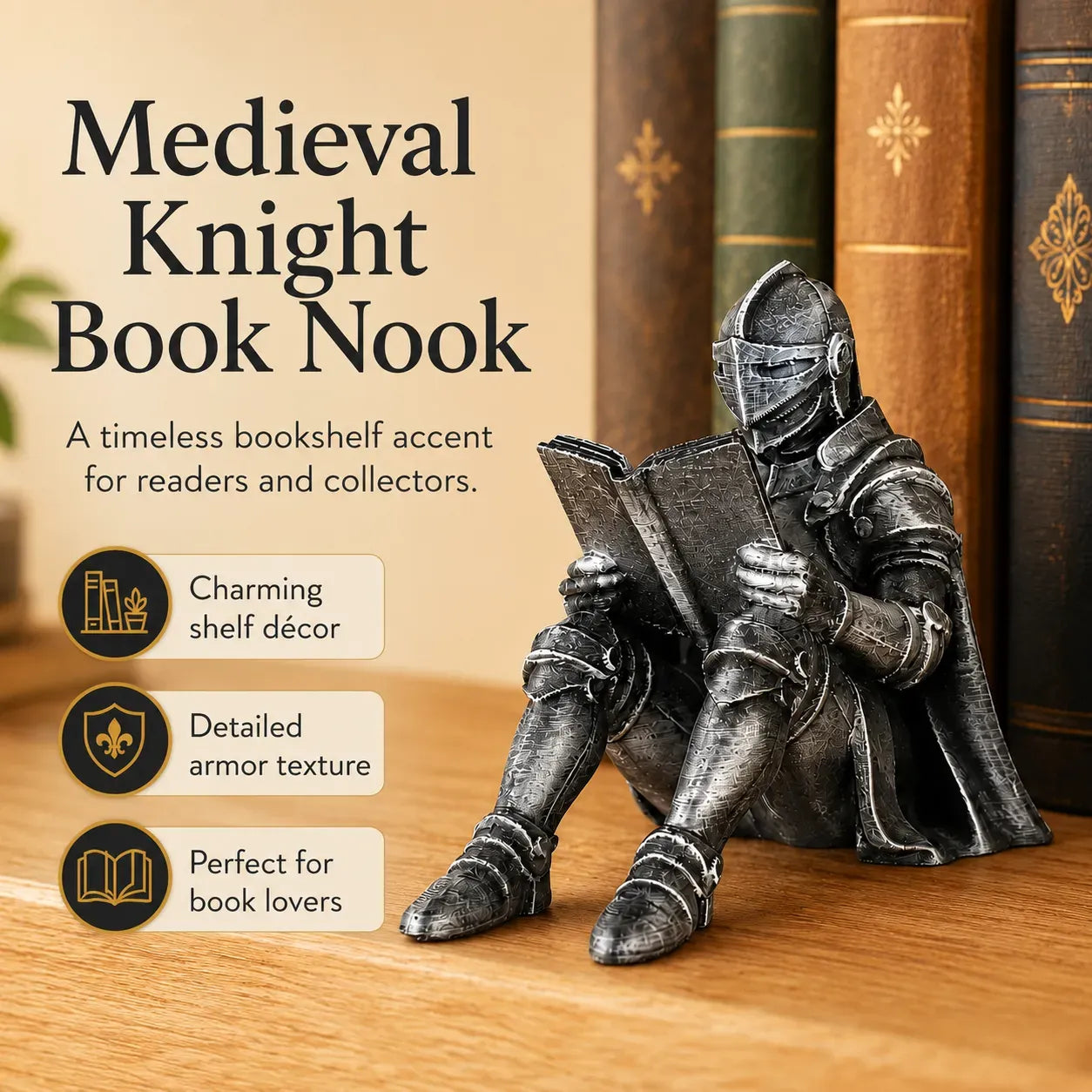 Medieval Knight Reading Bookend Decor