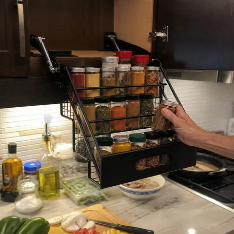 Black pull-down rack beside an active meal-prep area