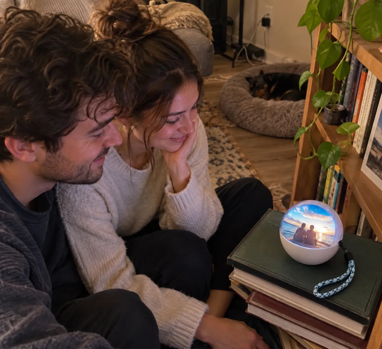 A couple viewing an anniversary memory on the video keepsake orb