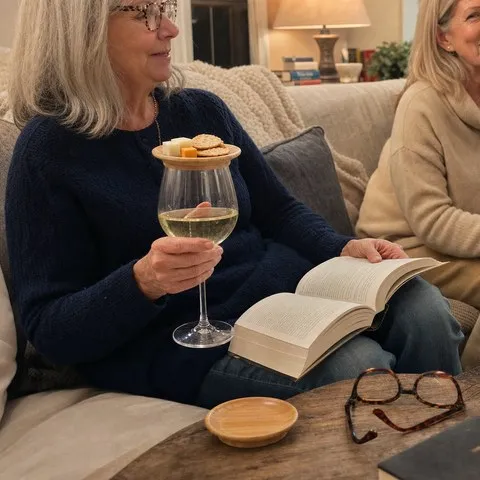 Book club guest holding a wine glass with a bamboo appetizer topper