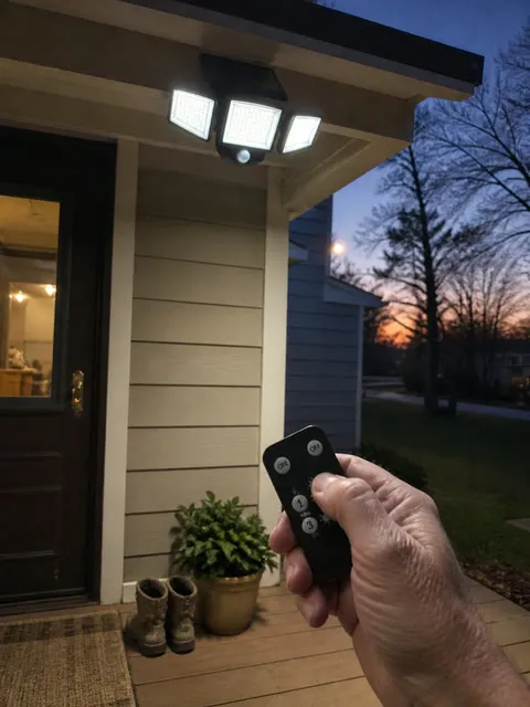 Older homeowner using the included remote on a covered porch