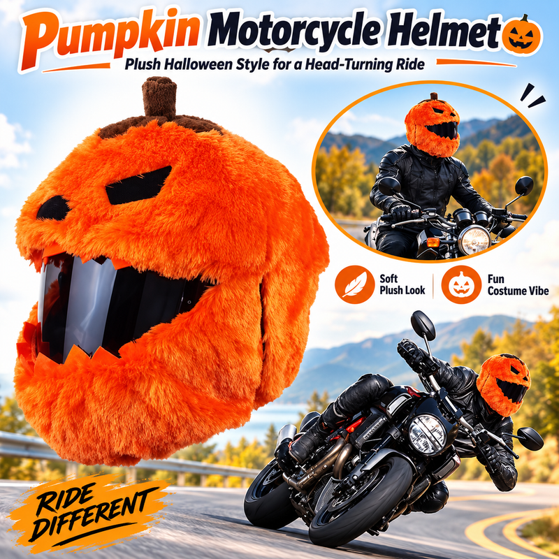 Pumpkin motorcycle helmet cover shown in autumn riding scenes